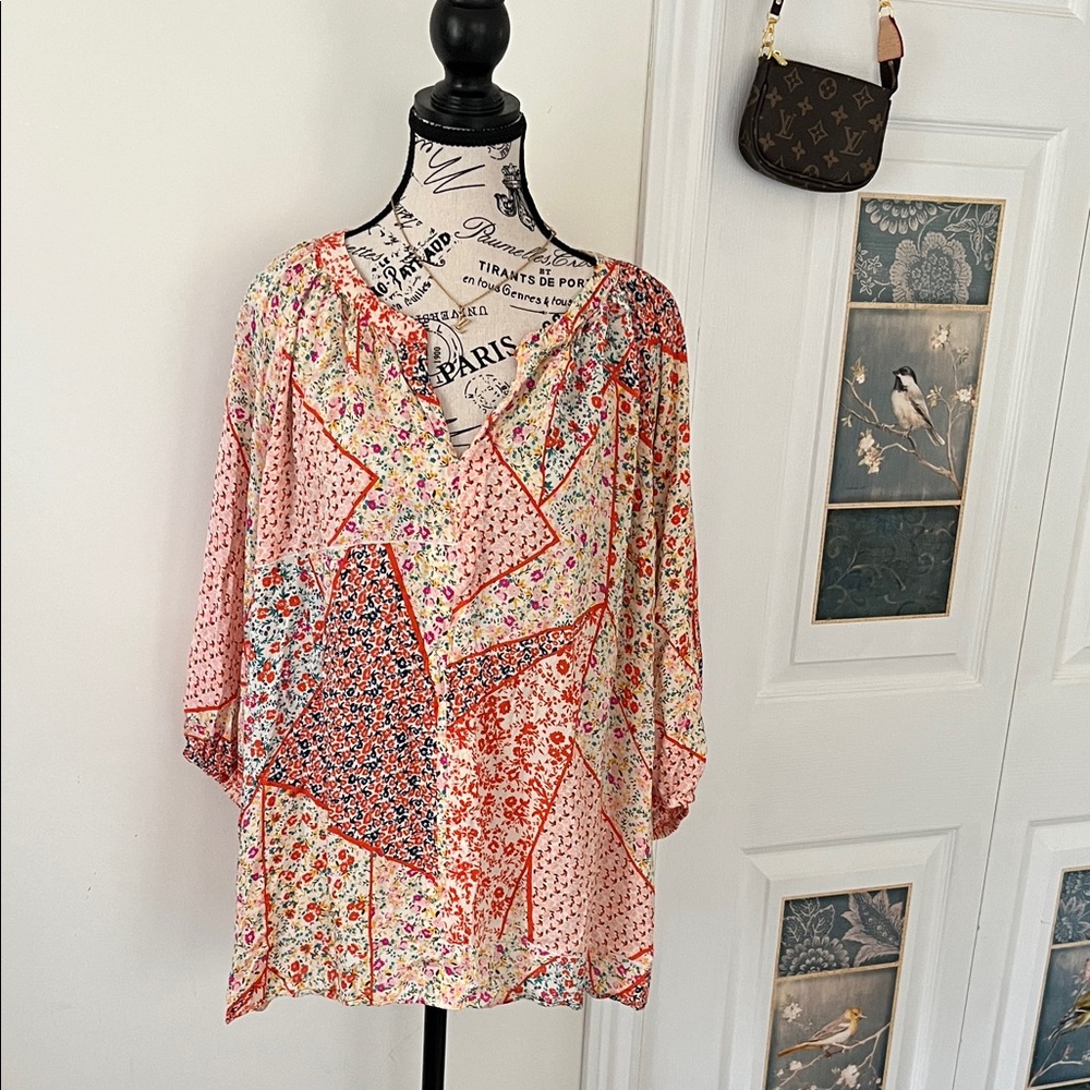 💗Rose & Olive Multicolor Floral Patchwork Blouse